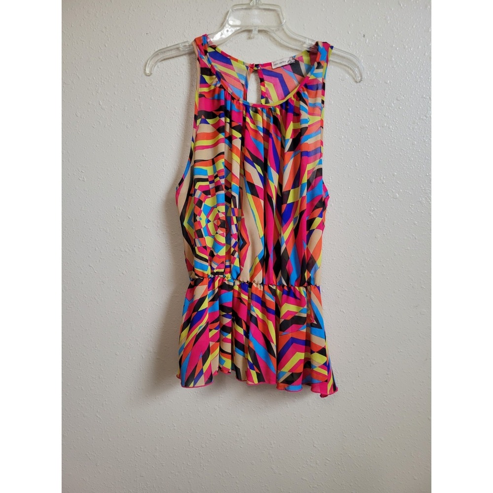 Body Central Vibrant Colorful Geometric Sleeveless Blouse Elastic Waist Trendy M